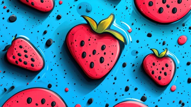 Colorful Strawberry Pattern on Bright Blue Background