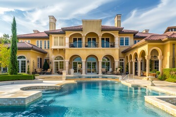 Naklejka premium A large house with a pool and a patio. The pool is surrounded by a white tile deck