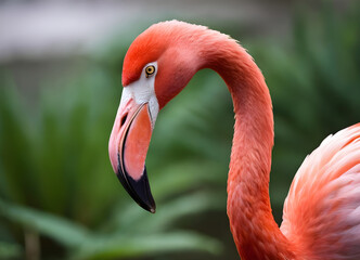 Pink flamingo bending its neck while posing in nature