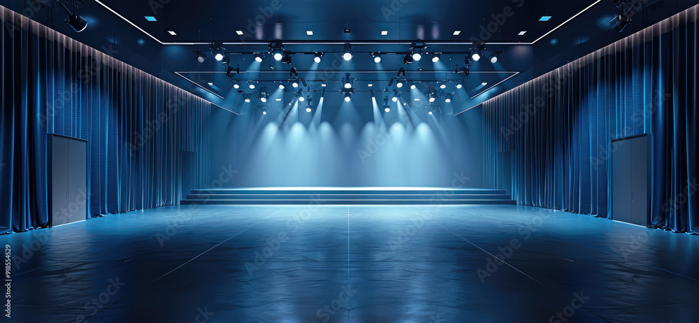 Poster panoramic symmetrical view, dark elegant conference hall with large stage for performance, floodligh