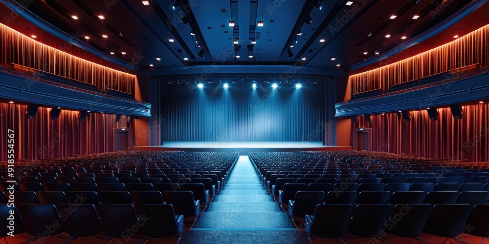 Aufkleber Panoramic symmetrical view, dark elegant conference hall with large stage for performance, floodlights, empty large room. Generative AI.