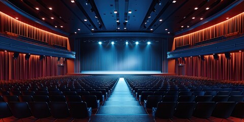 Obraz premium Panoramic symmetrical view, dark elegant conference hall with large stage for performance, floodlights, empty large room. Generative AI.