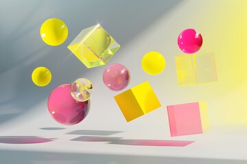 Minimalist abstract design with floating, transparent spheres and cubes in bright yellow and magenta, casting soft shadows on a gradient grey background.