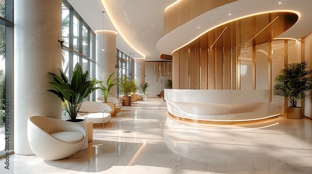Aufkleber the lobby of the luxury hotel features a modern style with white walls and light wood accents. it ha