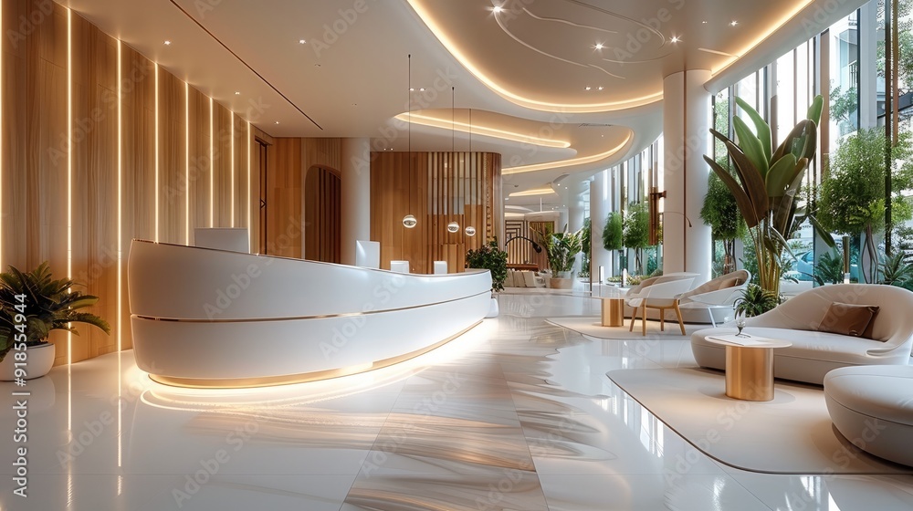 Poster the lobby of the luxury hotel features a modern style with white walls and light wood accents. it ha