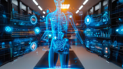Futuristic Medical Technology Concept with Digital Electronic Medical Records and Holographic Human Skeleton in Modern Hospital Setting
