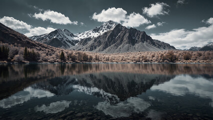 Obraz premium A wide-angle shot of a mountain range reflected perfectly in a still lake