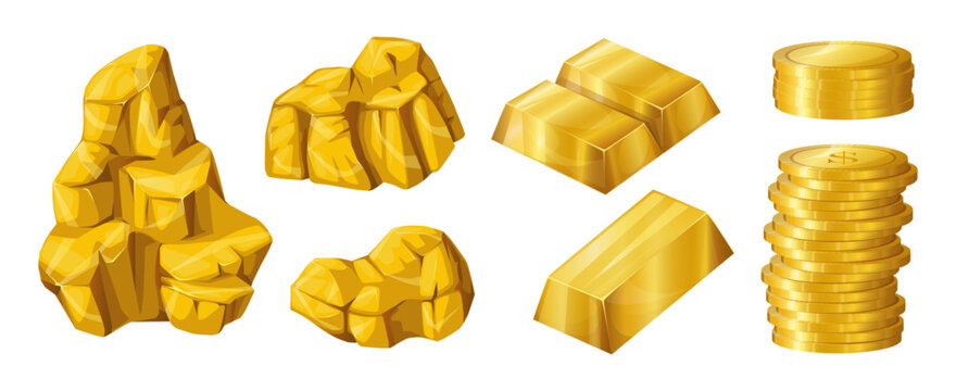 Gold bar. Golden nugget. Coins stack. Jewel boulders. Expensive metal. Geological material. Goldmine ore. Yellow metallic money. Treasure cobble. Vector isolated goldmine prills set