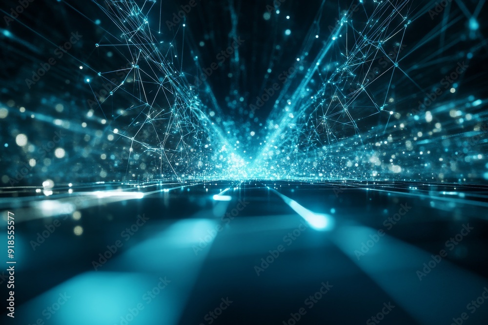 Poster A dynamic network of glowing particles and data lines fills a three-dimensional grid, representing the essence of cyberspace in a vibrant digital environment