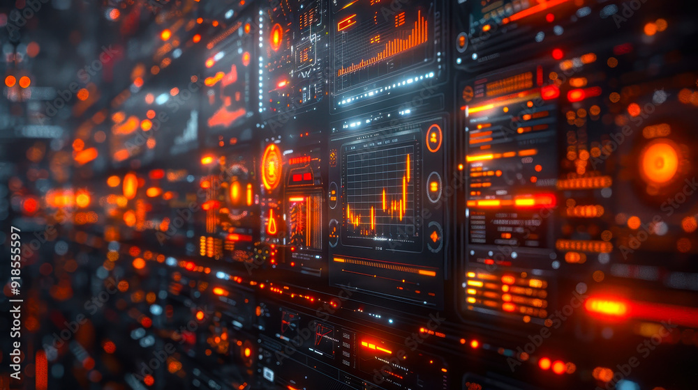 Poster digital transformation: high-tech control room with data visualization panels and futuristic interfa