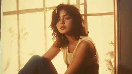 Fototapeta premium Young woman sitting by window in soft golden light