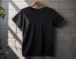 black t-shirt mockup with white brick background for fashion and graphic designer
