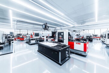 The high-tech factory floor is bustling with advanced robotics and automated machines designed for efficient production and manufacturing processes