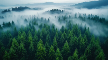 Fototapeta premium Misty Forest Aerial View on Foggy Day: Serene Nature Landscape with Lush Evergreen Trees and Rolling Hills