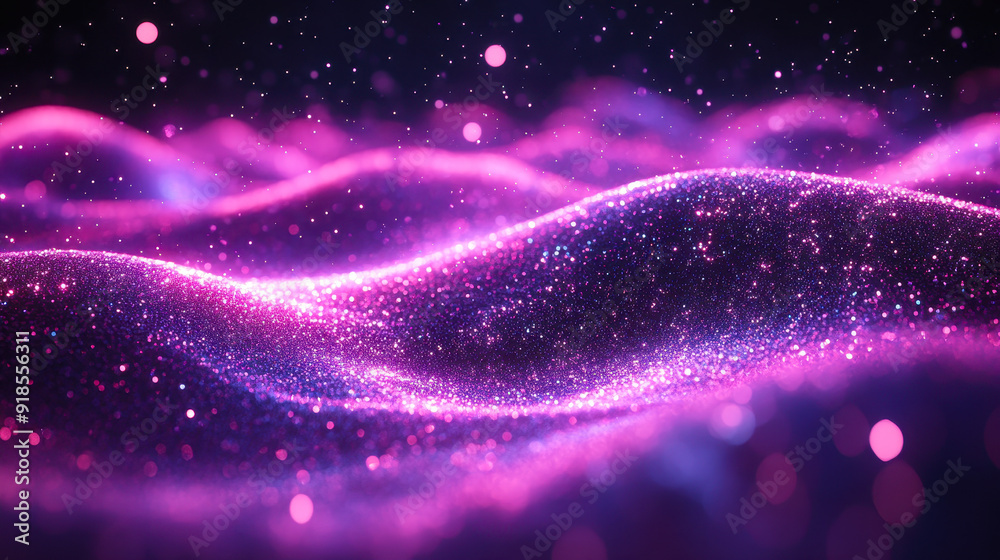 Wall mural Digital Purple Particles Wave with Shining Dots and Stars in an Abstract Light Background for Graphic Design, Futuristic Technology, and Modern Art Concepts