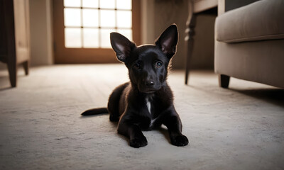 Adorable black puppy dog relaxing at home