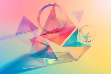 Minimalist abstract design with floating transparent triangles and circles in vibrant colors, casting shadows on a gradient background.