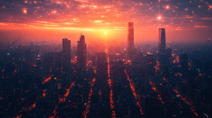 Fototapeta premium Sunset Cityscape with Digital Network Connectivity, High-Rise Buildings, Urban Landscape, Evening Sky, Glowing Technology, Modern Metropolis, Future Connectivity Concept