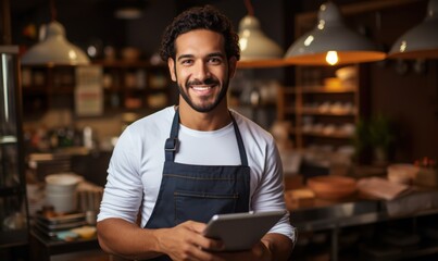 male chef holding a tablet to welcome customers
