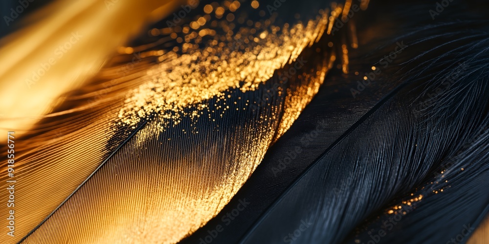 Poster a close up of feathers with a gold and black color scheme. the feathers are arranged in a way that c