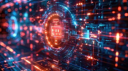 A dynamic cybersecurity with a focus on encrypted data streams, digital locks, and virtual shields protecting a network. The setting has a high-tech. Generative AI.