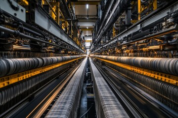 Obraz premium The interior of a textile mill shows advanced carding machinery focused on weaving fibers into gloves, highlighting the meticulous process of textile production