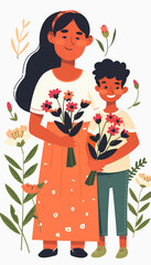 Woman and Boy Holding Bouquets of Flowers in a Garden Setting