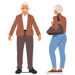 Elderly Couple Standing Front And Rear View Position. Old Man Wears A Brown Jacket And Pants, Vector Illustration