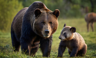 Fototapeta premium Brown bear mother walking with adorable baby bear cub in wilderness