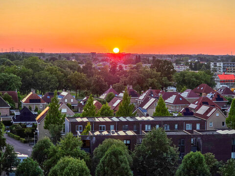 Sunset over a residential area in Enschede, Netherlands