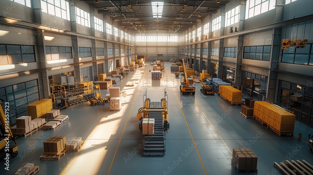 Aufkleber View from drone of workshop area with assembly of robots, conveyors for pallets, boxes, automatic welding, automatic forklift. Generative AI.