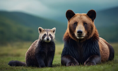 Obraz premium Brown bear and raccoon dog sitting in the wild