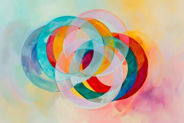 Minimalist abstract, interlaced circles of vibrant colors, centered on a soft pastel background. Geometric harmony, crisp edges, soothing palette