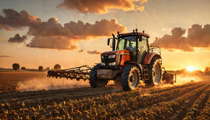 Obraz premium Tracteur agricole au coucher du soleil