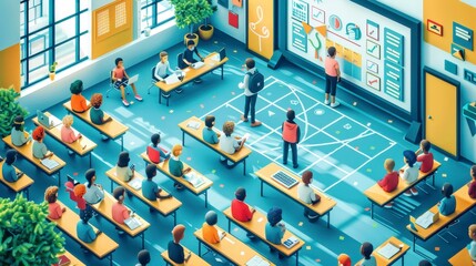 Obraz premium Modern Classroom, E-Learning and Education: Dynamic images of students, teachers, online learning, educational tools, and technology integration.