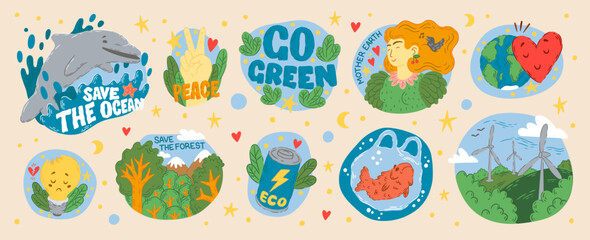 Green energy. Recycle stickers Nature save life. Green Earth. Eco environmental conversation concept for bio world planet technology. Take care of ocean water. Vector cartoon patches set