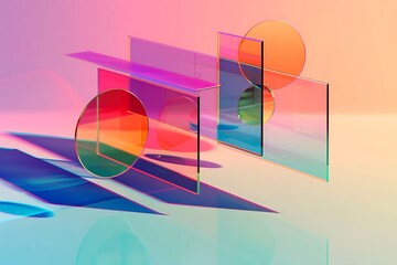 Minimalist abstract design with floating transparent rectangles and circles in vibrant colors, casting shadows on a gradient background.
