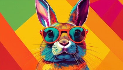 quirky rabbit in retro sunglasses pop art style vibrant color blocking background