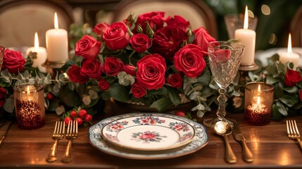 Elegant dining table with roses and candles - generative ai