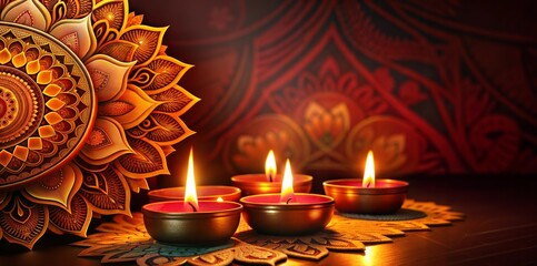 Ornate mandala backdrop with traditional oil lamps adds cultural richness for Happy Diwali