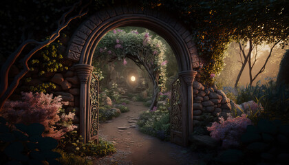 Archway in an enchanted fairy garden landscape