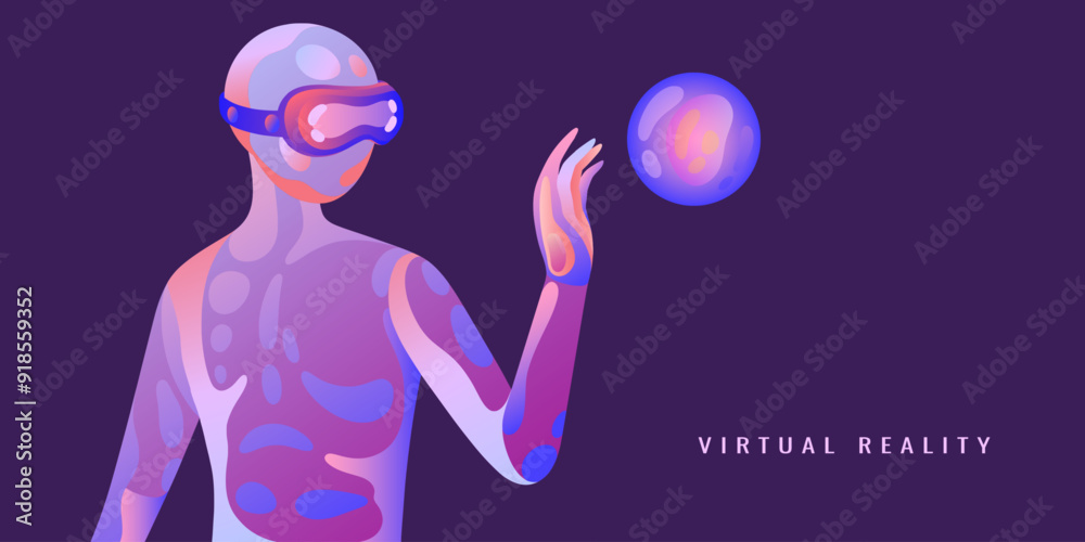 Poster vr technology. virtual reality headset. abstract 3d glasses for human game experience. cyberpunk sim