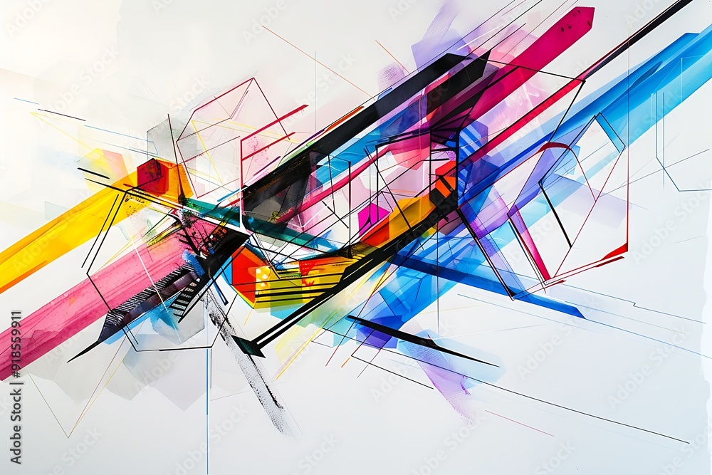 Wall mural minimalist abstract piece with bold lines and hexagons in vivid colors, creating a sense of movement