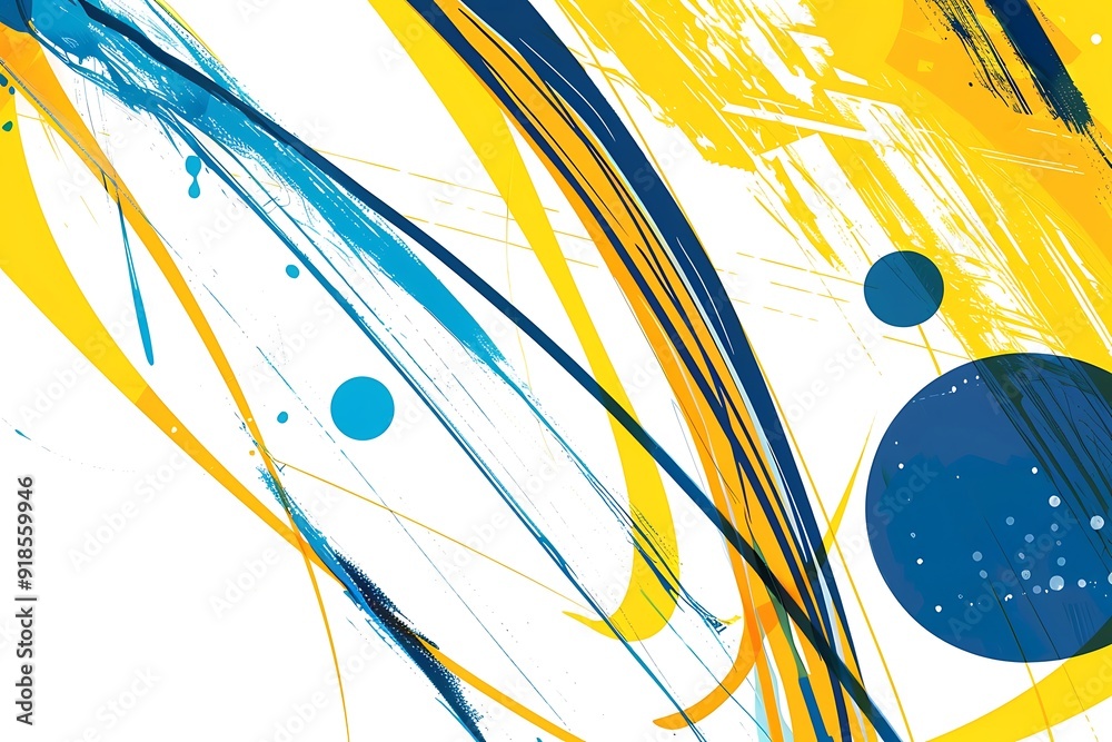 Wall mural minimalist abstract piece with bold lines and circles in vivid yellow and blue, creating a sense of 