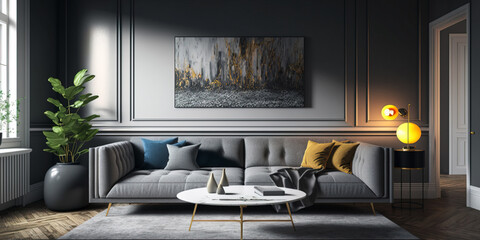 Beautiful spacious lounge with a chic grey sofa
