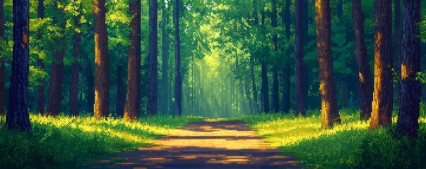A pixel art serene forest path with tall trees on either side, sunlight filtering through the leaves, and a sense of tranquility