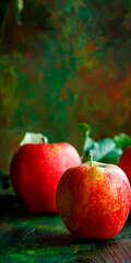 Red apples with green leaves on green background. Copy space for text.