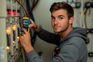 Male electrician using multimeter to check fuse in electric panel box.