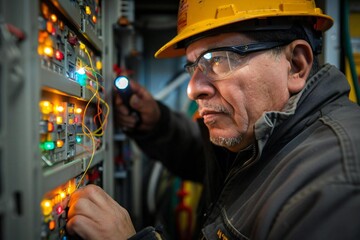 close-up photo of a male electrician examining the connections of a fusebox with a flashlight.