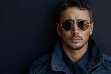 Obraz premium Young Bodyguard in Uniform posing confidently in front of a black background wearing sunglasses.